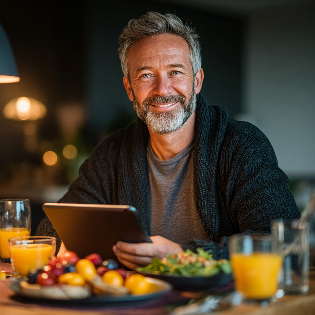 A confident man in his early 50s sitting at a dining table with a tablet device showing a meal plan, enjoying a balanced healthy breakfast with whole grains and fresh fruits
