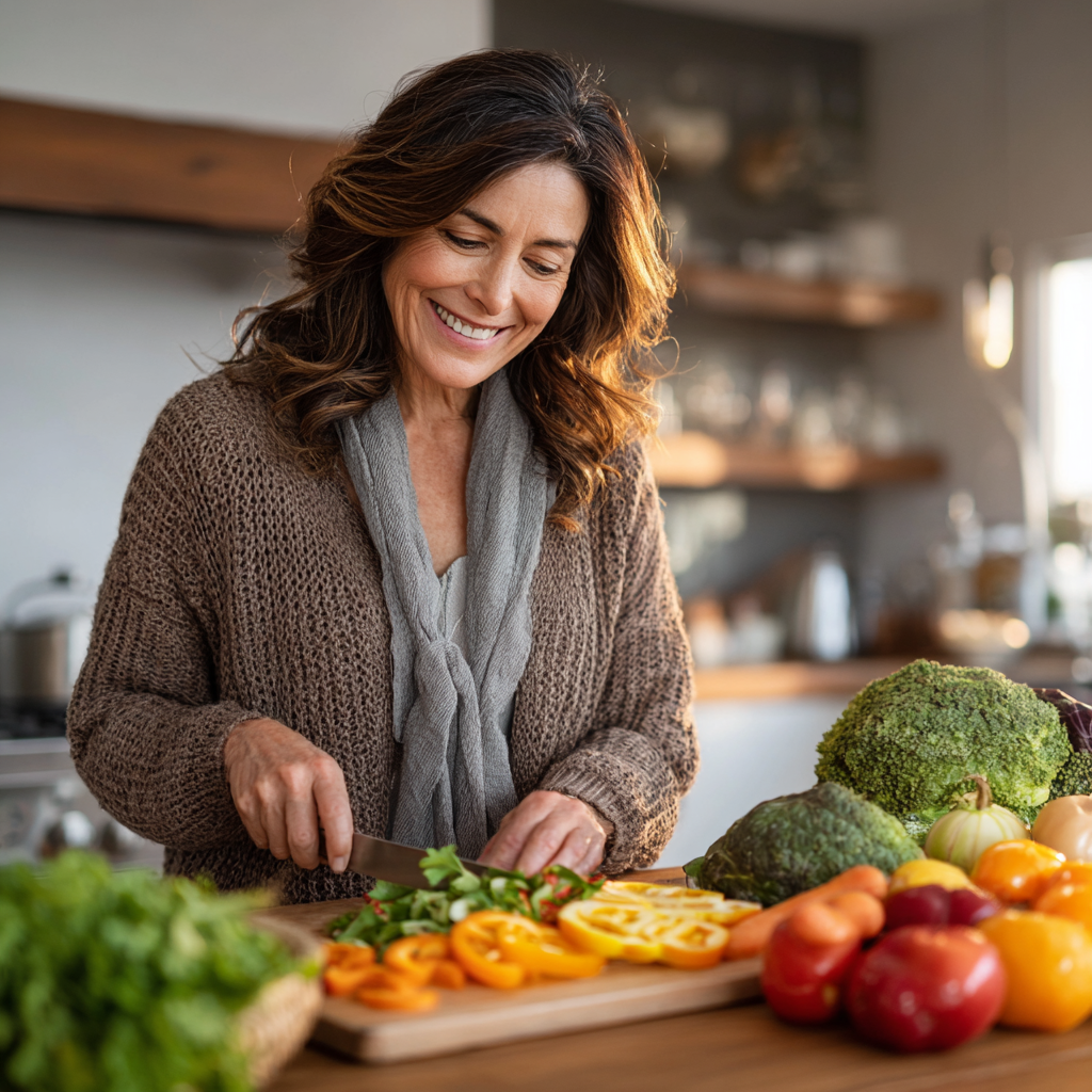 A woman in her late 40s with a warm smile preparing a colorful healthy salad in a modern bright kitchen, surrounded by fresh vegetables and fruits on a wooden cutting board